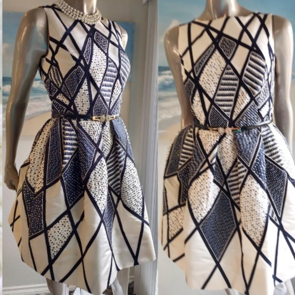 °$4,300 OSCAR DE LA RENTA GORGEOUS WHT BLK SILK BEAD SEQUIN EMBR RUNWAY DRESS 6 - Picture 6 of 11